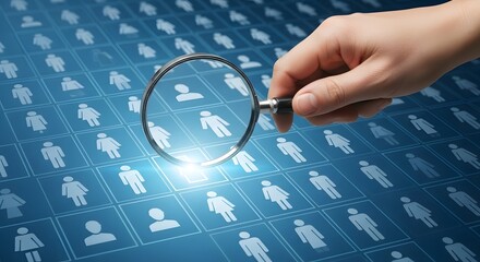 A hand holding a magnifying glass over a grid of stylized people icons on a blue background