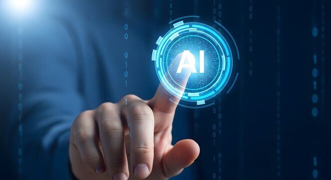 A finger touching a glowing ai interface with binary code on a blue background in a close up shot - Powered by Adobe