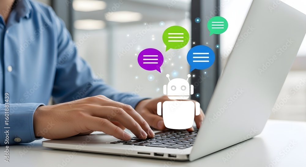 Poster person typing on a laptop with a chatbot icon and speech bubbles overlayed on the image of the scree