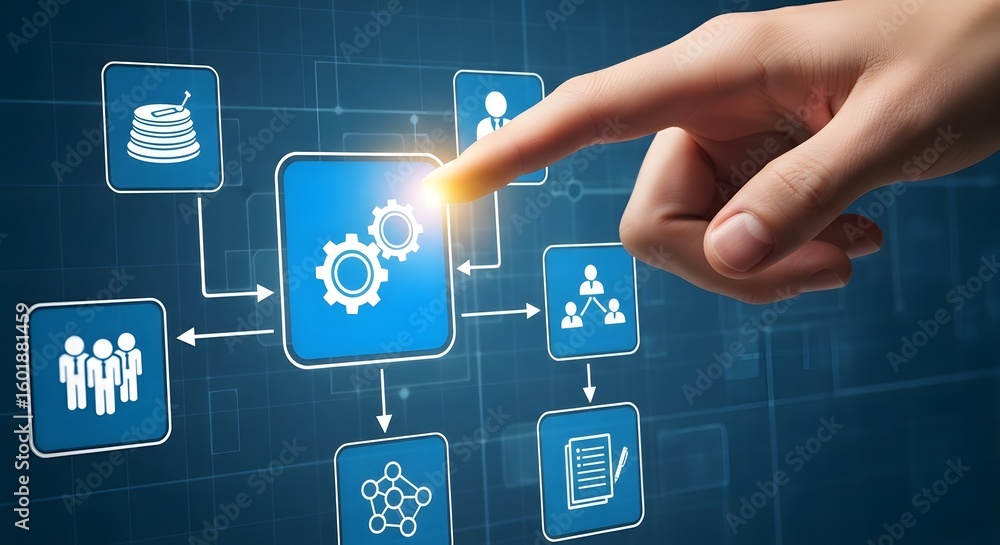 Poster a finger pointing at a blue square with gears on a blue background with flowchart connections