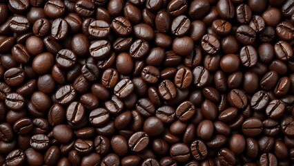 Fototapeta premium Dark roasted coffee beans in rich detail. Ideal for backgrounds, packaging, cafe branding, coffee product ads, or food and beverage content
