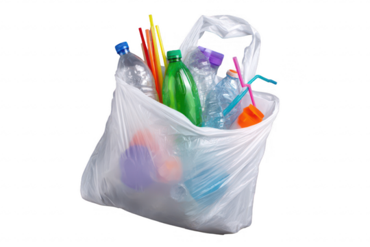 Plastic bag filled with various plastic waste