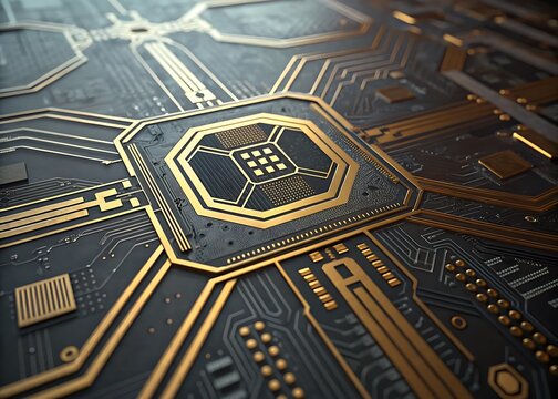 Central processor unit with golden geometric circuits and black background representing advanced digital tech