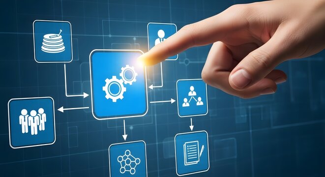 A finger pointing at a blue square with gears on a blue background with flowchart connections