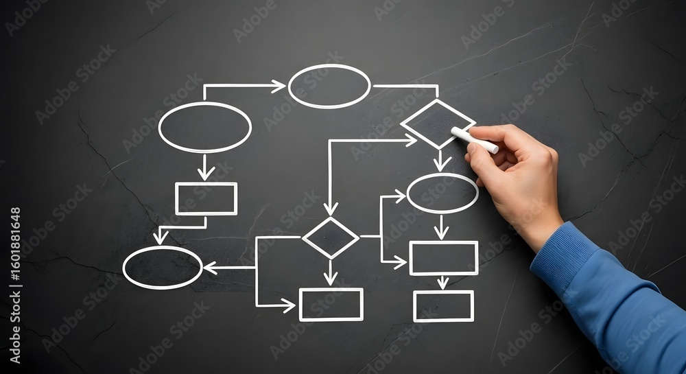Poster hand drawing a flowchart with chalk on a blackboard showing process and decision making stages
