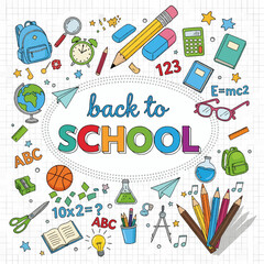 Illustration featuring back to school text with various school supplies around