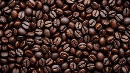 Obraz premium Close-up of roasted coffee beans with deep texture. Perfect for cafe branding, packaging design, beverage ads, food backgrounds, and editorial use