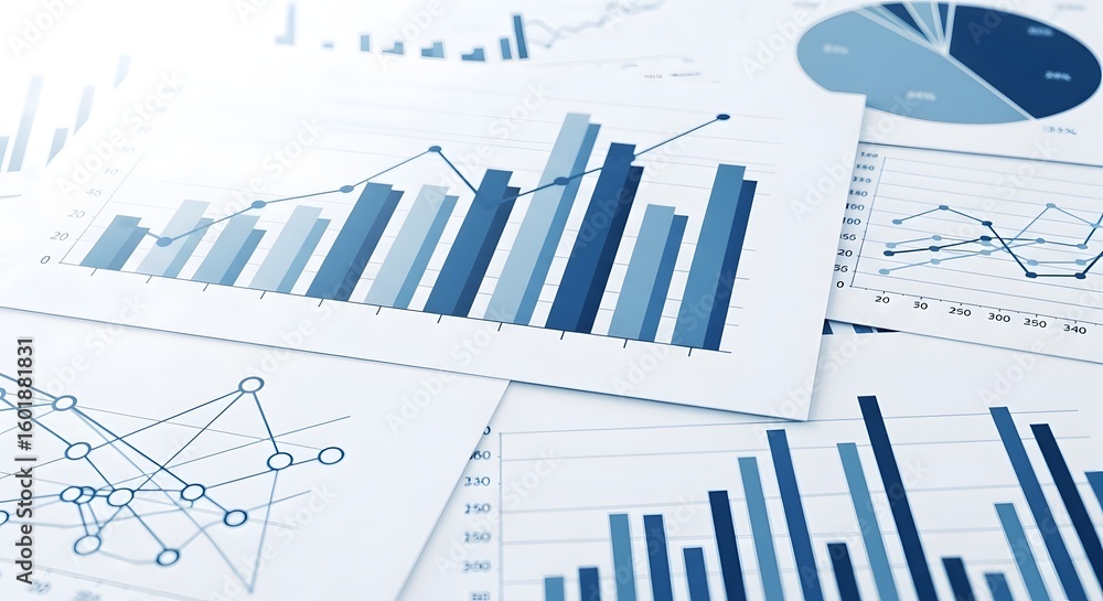 Poster a collection of various business charts and graphs displayed on white paper documents spread out
