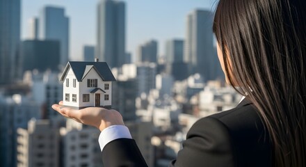 Woman holding a miniature house in her palm with a cityscape in the background on a sunny day