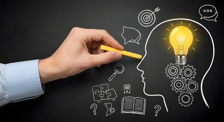Hand holding chalk near head outline with lightbulb and gears on a dark background drawing