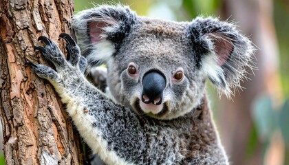 Obraz premium Close-up of a koala clinging to a tree trunk, looking directly at the viewer with a curious expression.