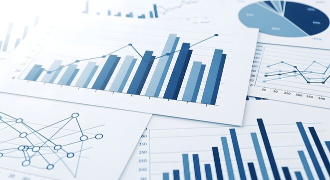 A collection of various business charts and graphs displayed on white paper documents spread out
