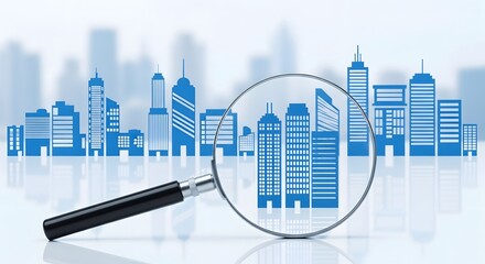 Magnifying glass focusing on blue building silhouettes against a blurred city background view scene