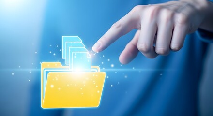 A finger points at a folder with glowing documents on a blue background in a digital illustration