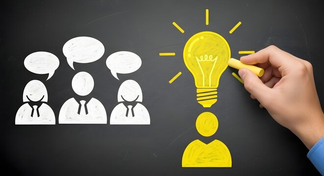 Chalk drawing of people with speech bubbles and a lightbulb being drawn by a hand on a blackboard