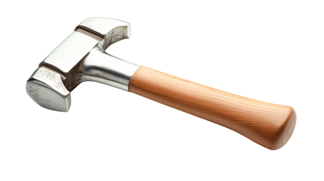 Close up of a metal hammer with a wooden handle on transparent background