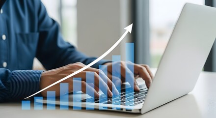 Person typing on a laptop with an upward trending graph overlayed on the screen display view