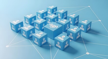 Blue cubes with person icons connected by white lines and a handshake cube in the center