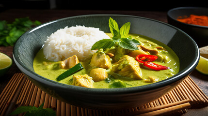 Exotic Close-up: Vibrant Thai Green Curry with Creamy Coconut Milk

