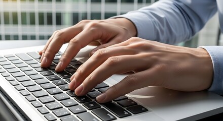 Close up of hands typing on a laptop keyboard with a light blue shirt sleeve visible nearby