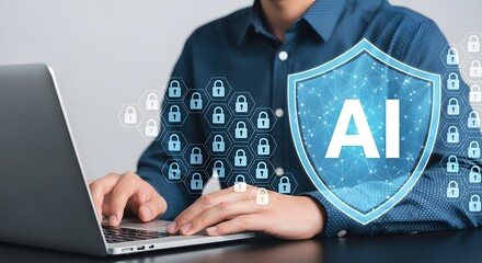 Man typing on laptop with ai shield and padlock icons representing cyber security measures
