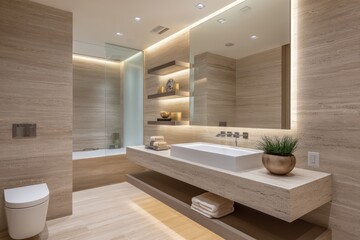 Contemporary neutral bathroom in muted almond with floating glass shelves, backlighting behind the mirror illuminating stone-textured wall with soft