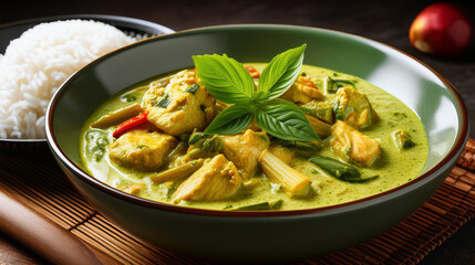 Exotic Close-up: Vibrant Thai Green Curry with Creamy Coconut Milk

