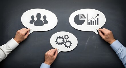 Hands holding speech bubbles with team, charts, and gears on a dark gray background surface
