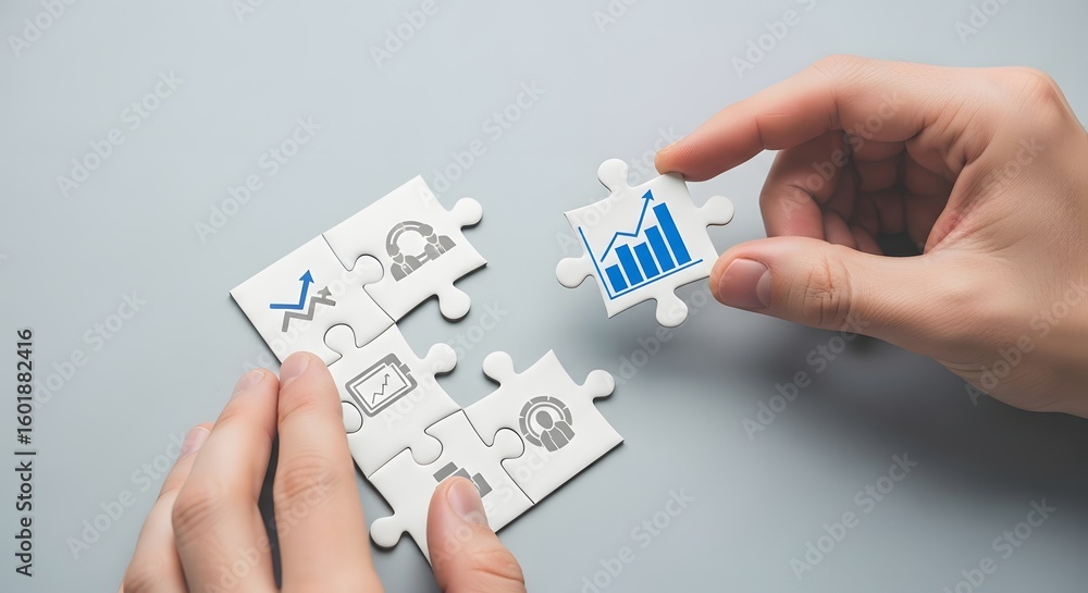Poster hands assembling puzzle pieces with business growth charts on a gray surface from above view