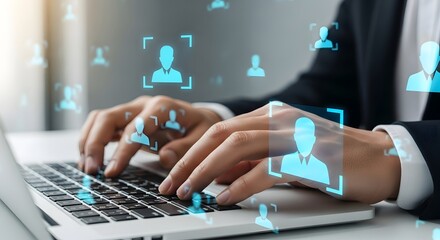 Person typing on a laptop with digital avatars floating around representing online networking concept