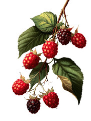 illustration of blackberry cane with ripe berries on transparent background.