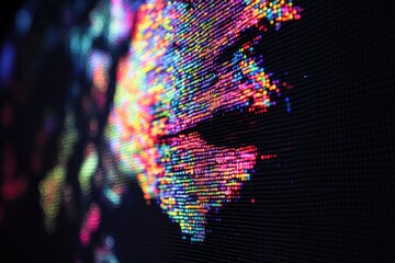 Close-up of a pixelated, abstract, colorful image, showing blurred light patterns against a dark background, resembling data