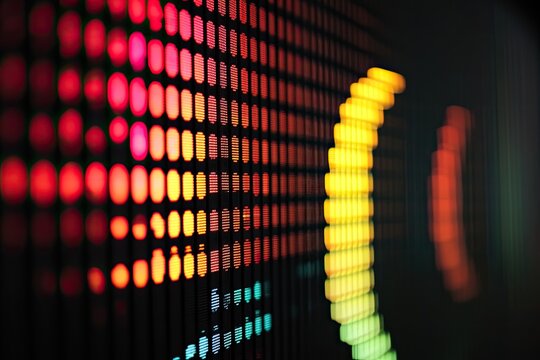 Abstract display of colorful lights in a vertical grid formation, with blurred, curved, warm tones