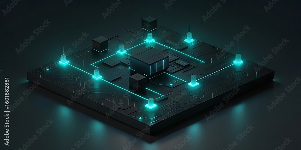 Poster a detailed glowing circuit board with interconnected components and pulsing blue lights representing