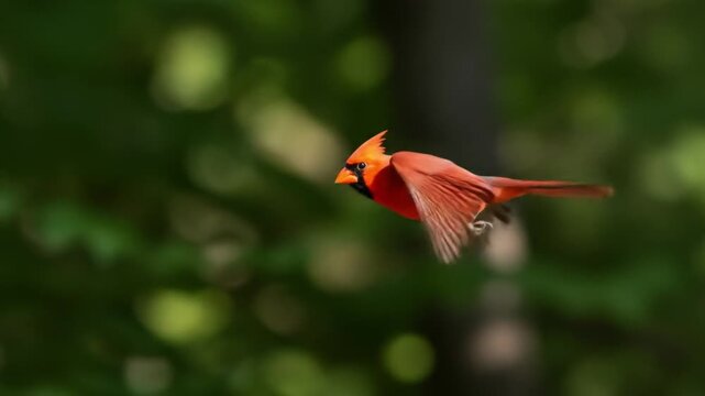 Red cardinal in flight against green forest background