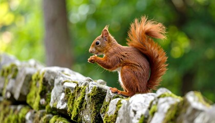 Red squirrel on a mossy stone wall.  Squirrel eating