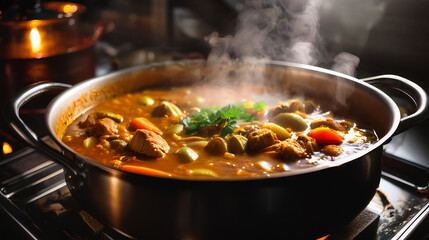 Moody Close-up: Large Pot of Curry Simmering Gently on Stovetop

