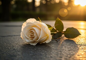 Single Cream Rose at Sunset: Soft Light, Romantic Mood, Outdoor Setting