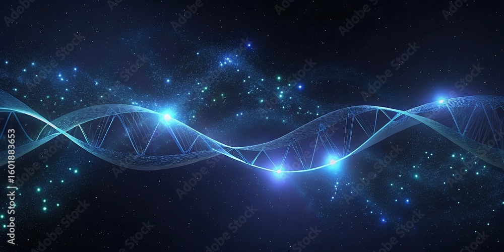 Poster a dynamic glowing blue dna double helix winding through a field of shimmering stars and light partic