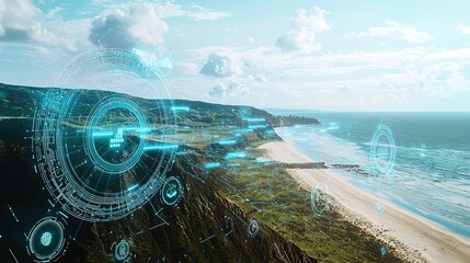 Futuristic digital interface overlays a scenic coastal landscape with cliffs, beach, and ocean under a bright sky.