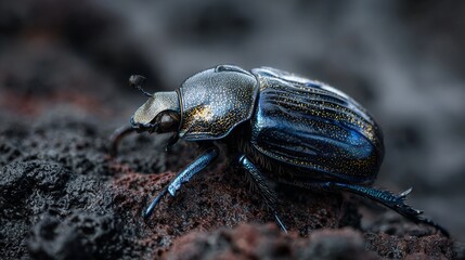 A beetle with blue  yellow iridescent shell sits on dark rock