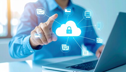 Business executive using a computer to access cloud services for document management and digital file storage and transfer. Doc sharing and file access, data backup and synchronization.