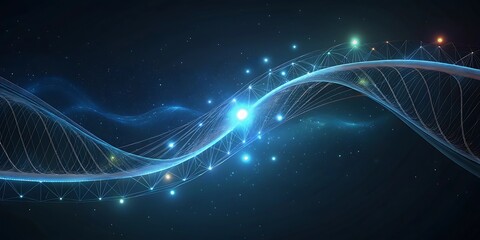 A glowing blue dna helix structure with sparkling lights against a dark starry background.