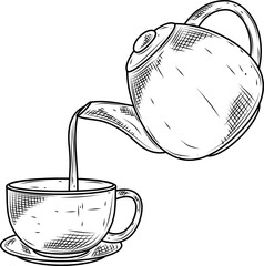 Teapot pouring tea hand drawn ink sketch vector