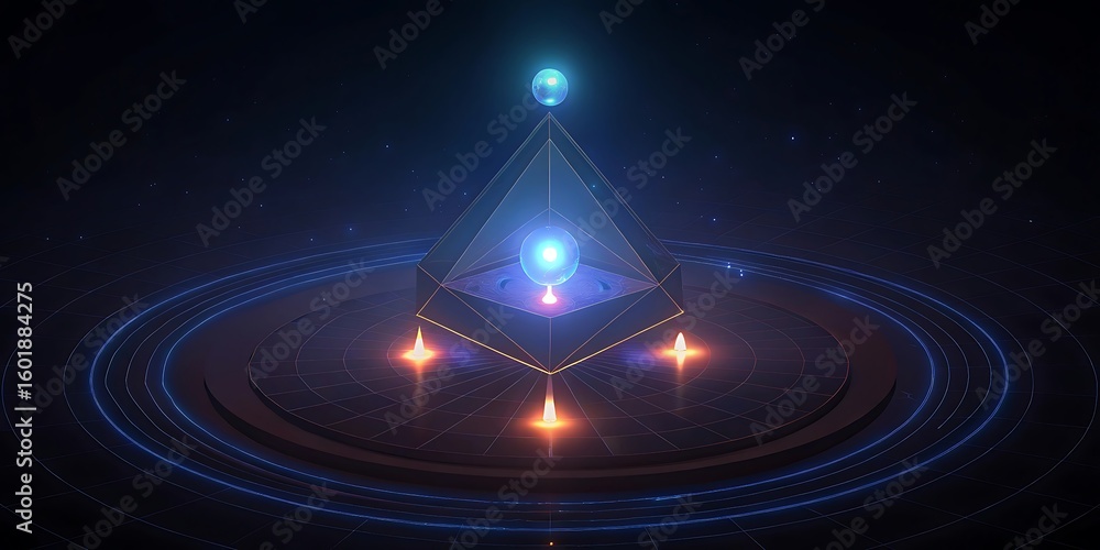 Poster a glowing pyramid structure with a luminous orb at its apex surrounded by concentric rings and cosmi