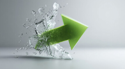 A minimalist, conceptual image of a single, glowing green arrow powerfully breaking through a transparent glass barrier, symbolizing breakthrough and growth.