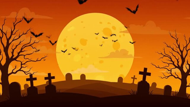 Spooky Halloween night with full moon, bats, cemetery, and bare trees.