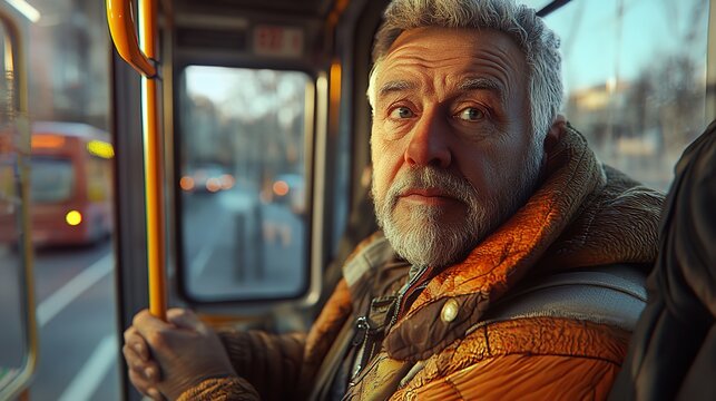 Senior man commuter riding bus public transportation travel lifestyle city urban gray hair beard jacket silhouette