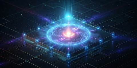 Obraz premium A central processor chip pulses with vibrant blue and purple energy surrounded by glowing circuits and data streams representing advanced computing.