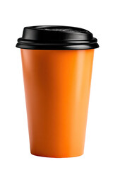 Single, vibrant orange disposable coffee cup with a black lid